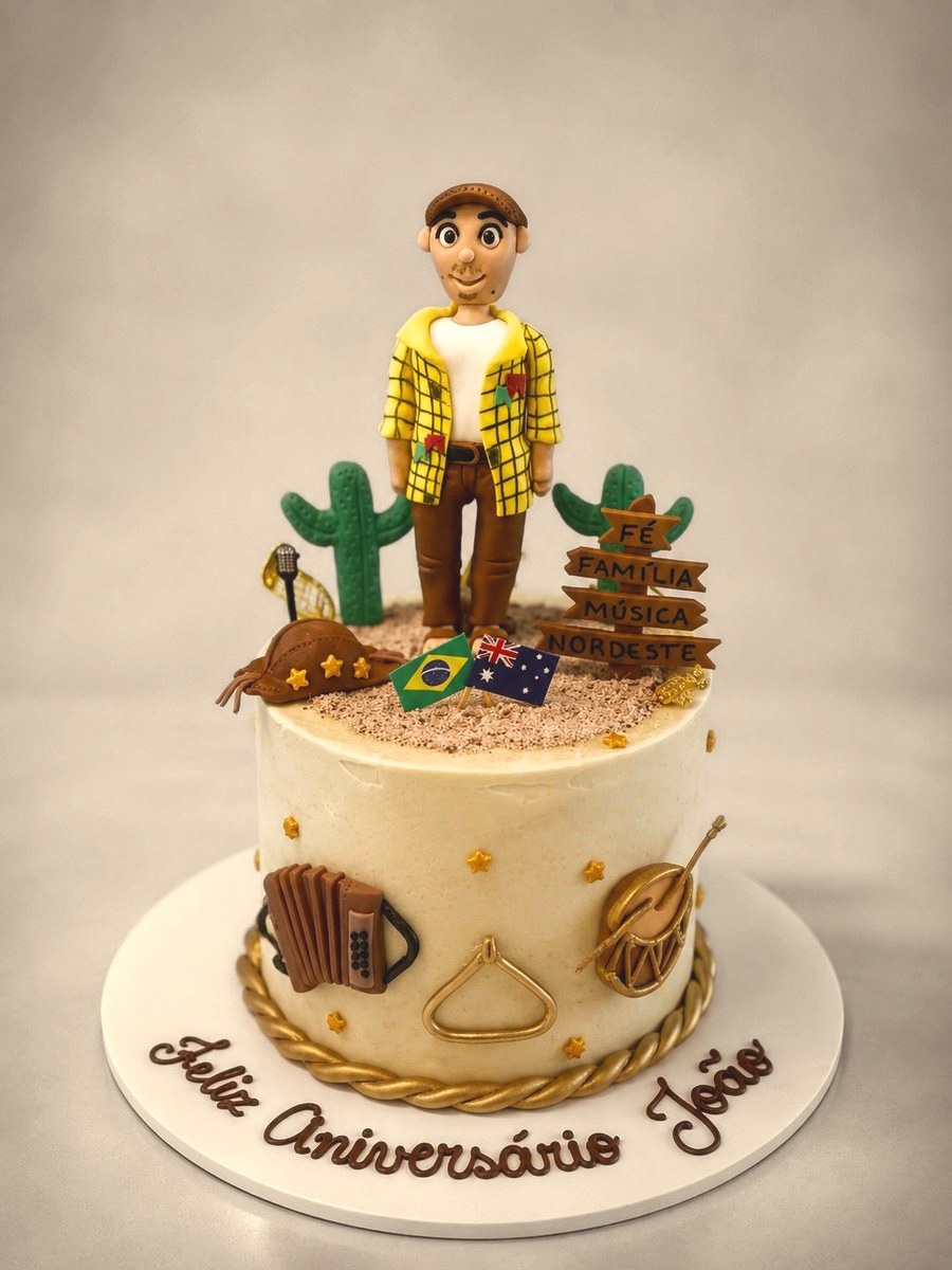 Birthday cake with a hand-modelled figure and Brazilian and Australian flags