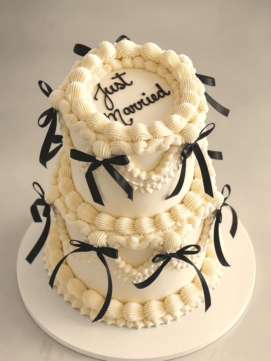 Two-tier vintage piped wedding cake with black ribbon bows