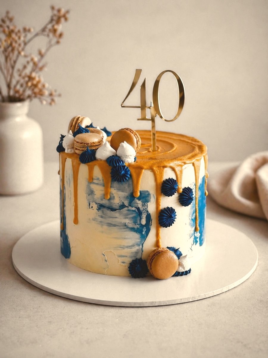 Fortieth birthday cake with gold drip, macarons and a gold number topper